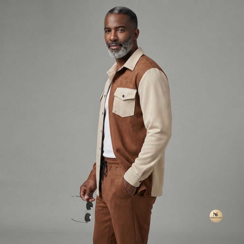 Men's Colorblock Suede Shacket & Jogger Set