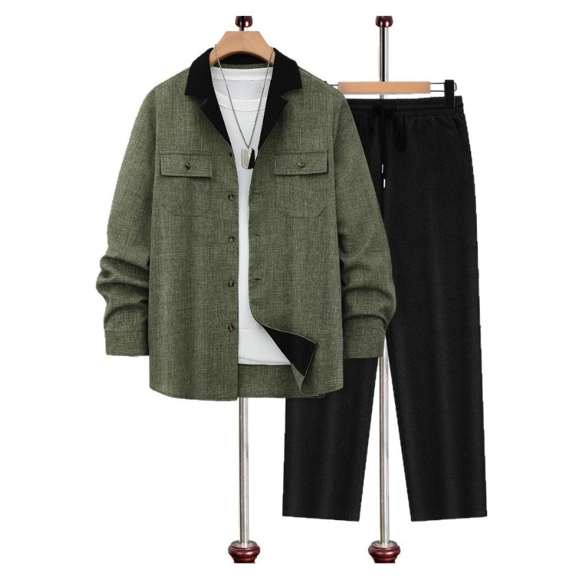 Men's Contrast Collar Textured Shacket & Pants Set