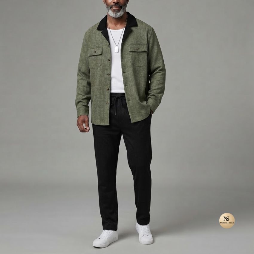Men's Contrast Collar Textured Shacket & Pants Set