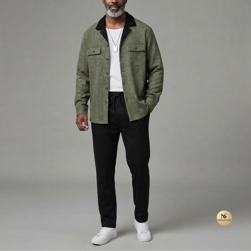 Men's Contrast Collar Textured Shacket & Pants Set