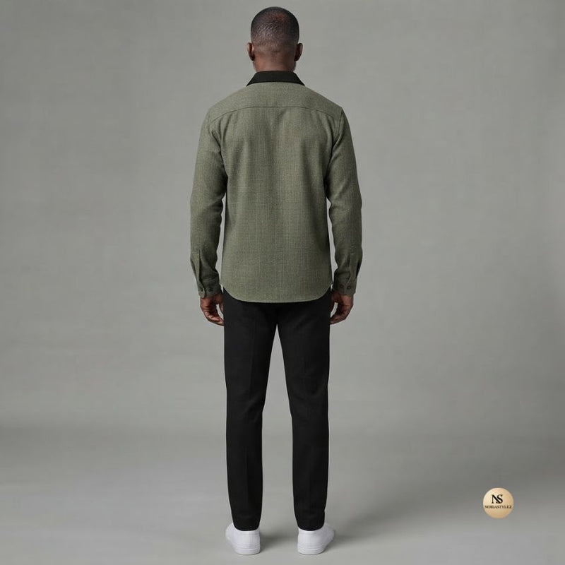 Men's Contrast Collar Textured Shacket & Pants Set