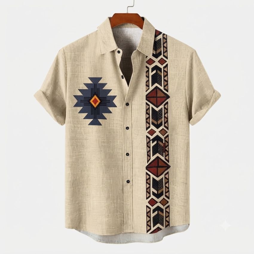Men's Southwestern Aztec Diamond Print Linen Shirt