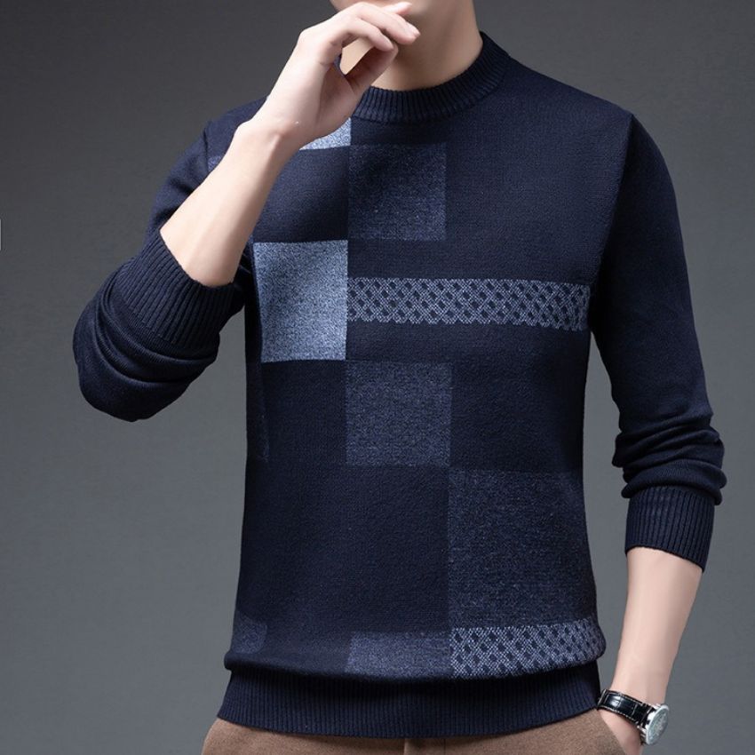 Men's Blue Turtleneck Color-matching Casual Sweater - Noriastylez