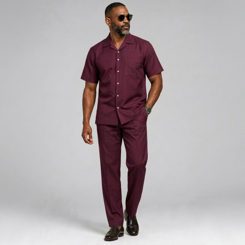 Riviera Cuban Two-Piece Short-Sleeve Shirt & Trouser Set – Wine