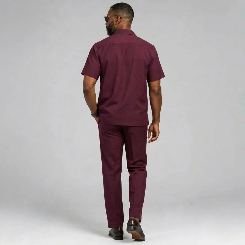 Riviera Cuban Two-Piece Short-Sleeve Shirt & Trouser Set – Wine