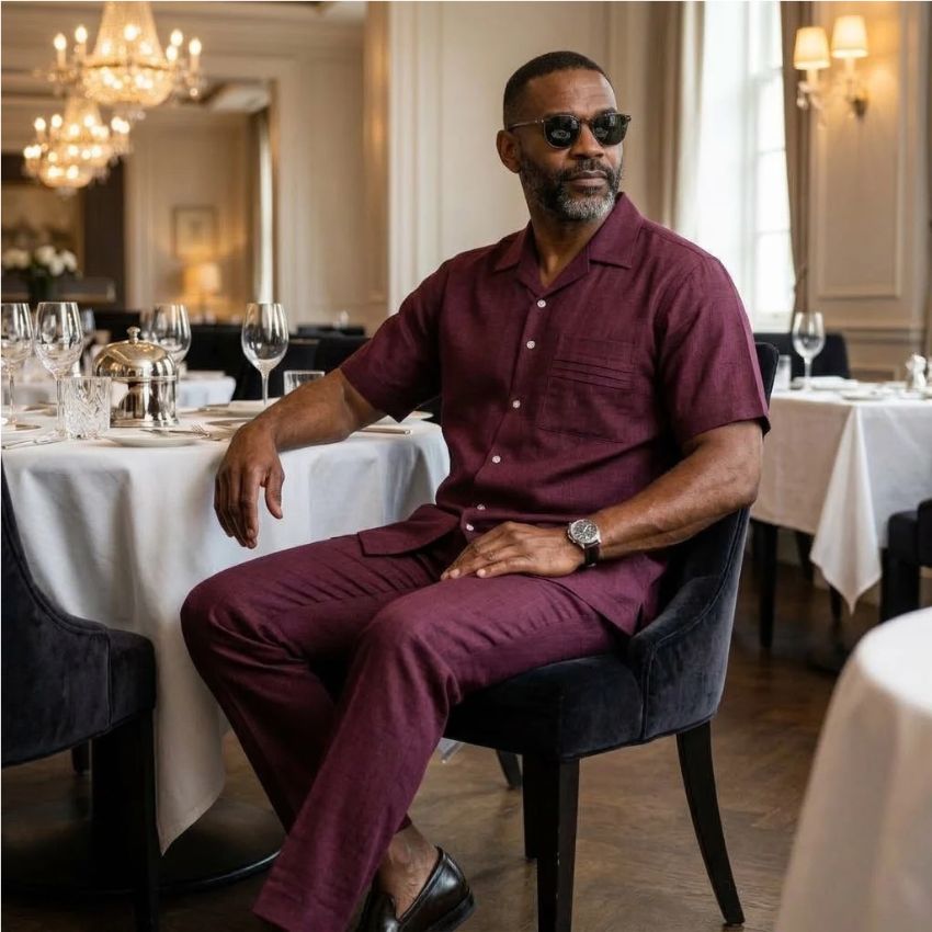 Riviera Cuban Two-Piece Short-Sleeve Shirt & Trouser Set – Wine