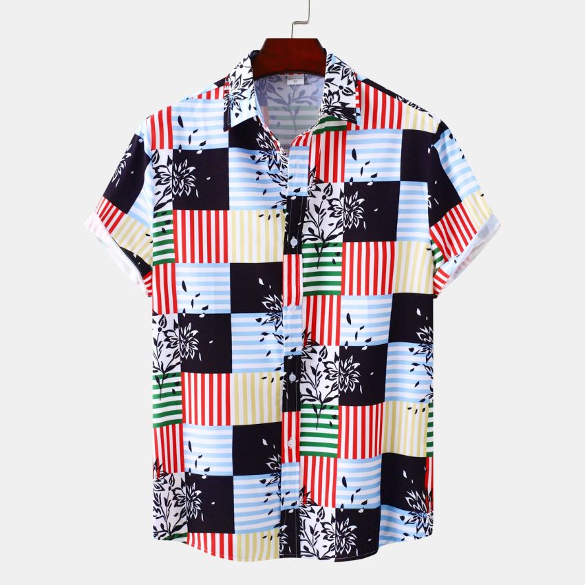C243 Men's Casual Short Sleeve Lapel Shirt with 3D Small Flower Print - Noriastylez