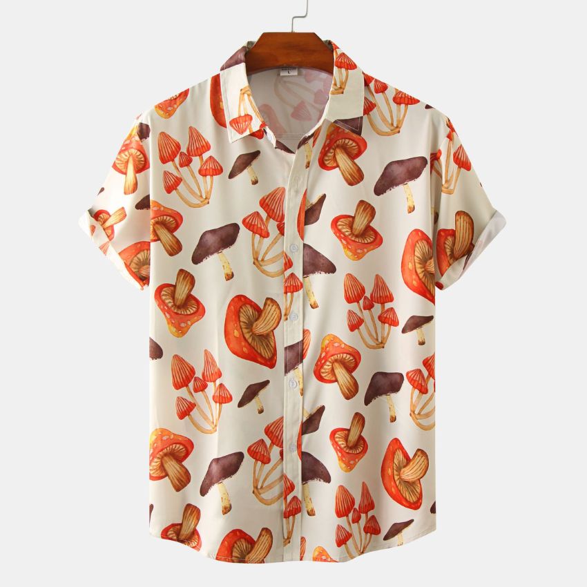 Men's Short Sleeve Button-Up Shirt with Colorful Mushroom Print - Noriastylez
