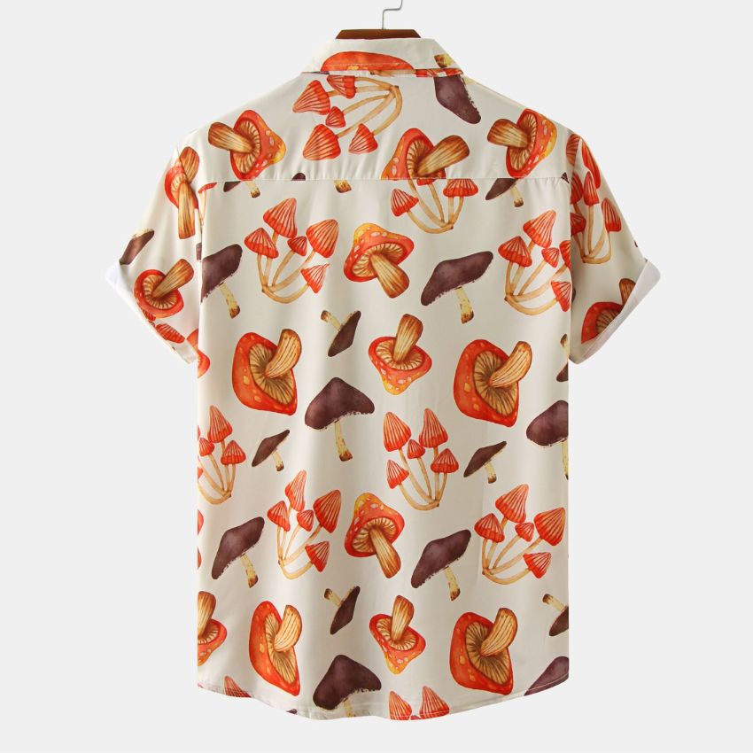 Men's Short Sleeve Button-Up Shirt with Colorful Mushroom Print - Noriastylez