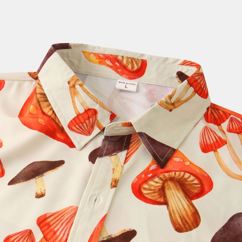 Men's Short Sleeve Button-Up Shirt with Colorful Mushroom Print - Noriastylez