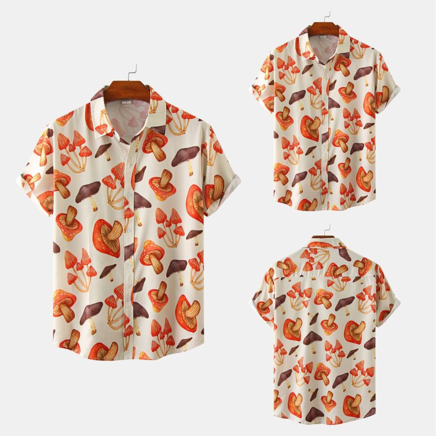 Men's Short Sleeve Button-Up Shirt with Colorful Mushroom Print - Noriastylez