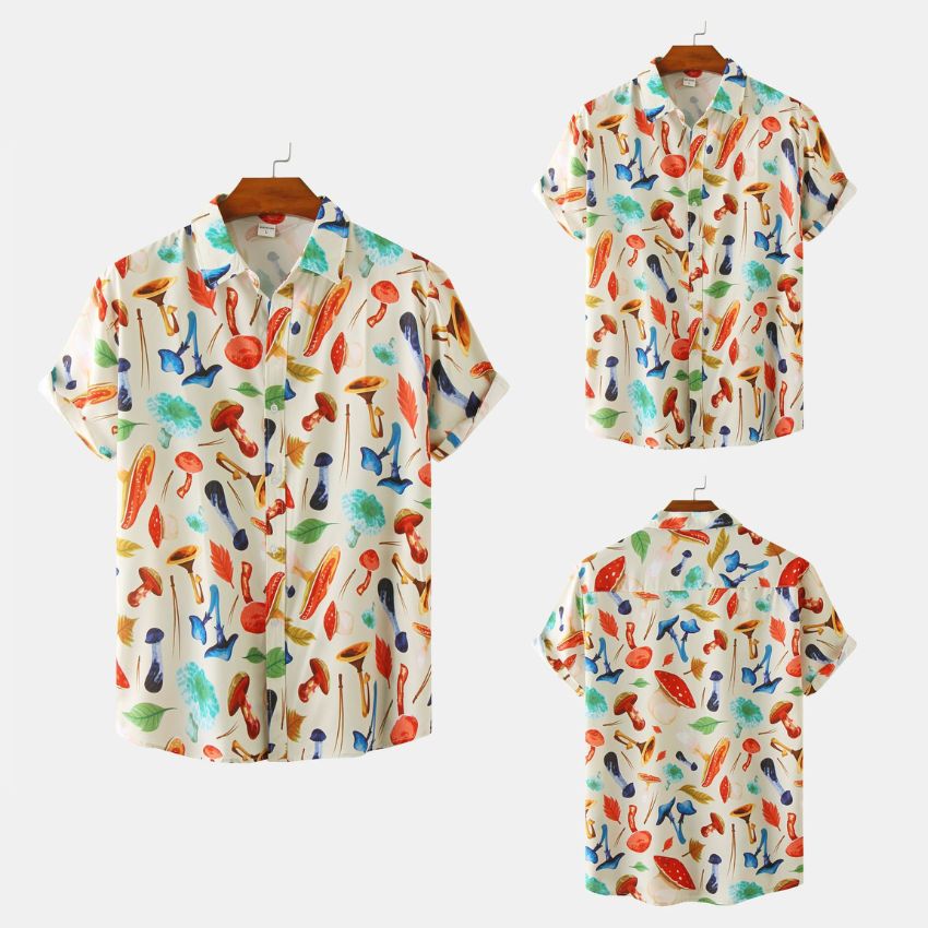 Men's Colorful Mushroom & Nature Print Short Sleeve Shirt - Noriastylez