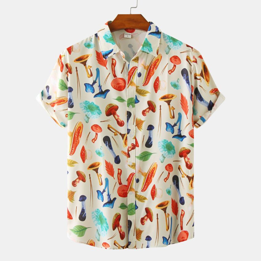Men's Colorful Mushroom & Nature Print Short Sleeve Shirt - Noriastylez