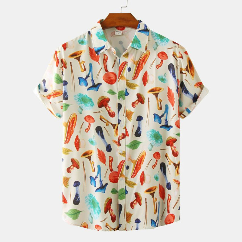 Men's Colorful Mushroom & Nature Print Short Sleeve Shirt - Noriastylez