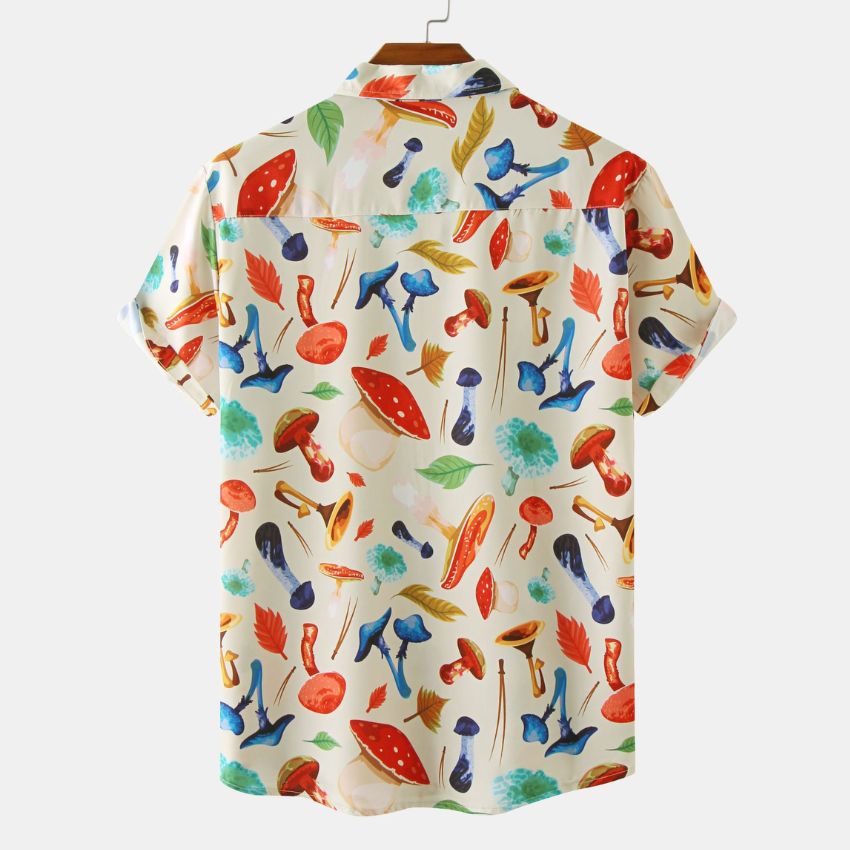 Men's Colorful Mushroom & Nature Print Short Sleeve Shirt - Noriastylez