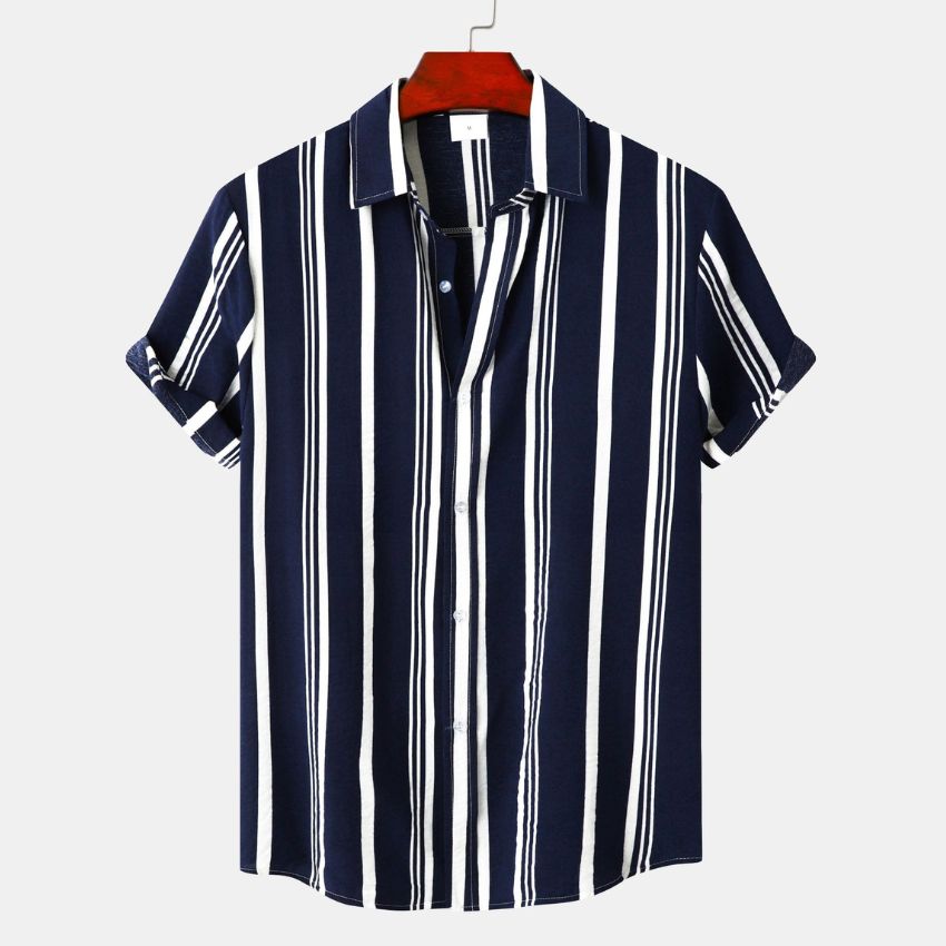 Men's Navy & White Vertical Stripe Short Sleeve Shirt - Noriastylez