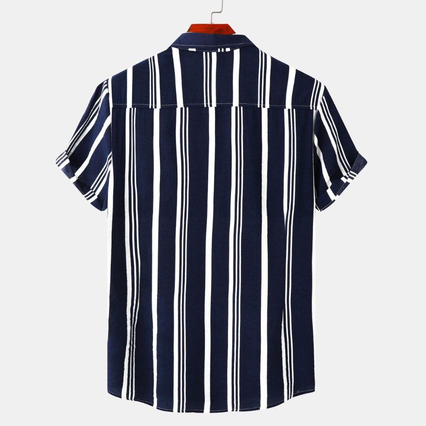 Men's Navy & White Vertical Stripe Short Sleeve Shirt - Noriastylez