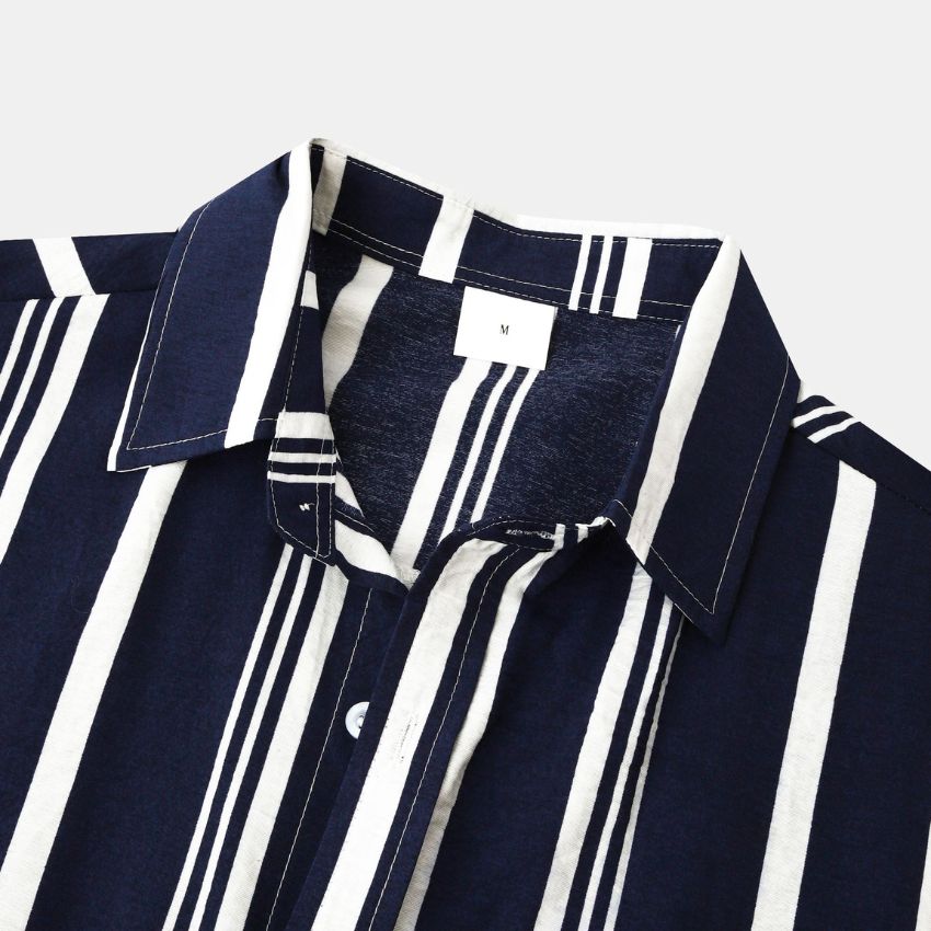 Men's Navy & White Vertical Stripe Short Sleeve Shirt - Noriastylez
