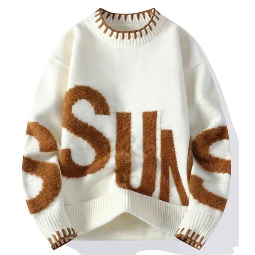Letter Knit Loose Men’s Knitted Sweater White - Noriastylez