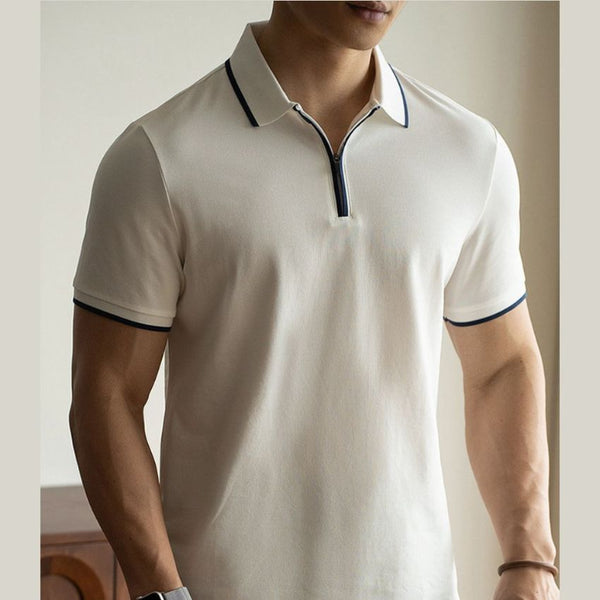 Men’s Ice Silk Contrast Half-Zip Short Sleeve Polo Shirt White
