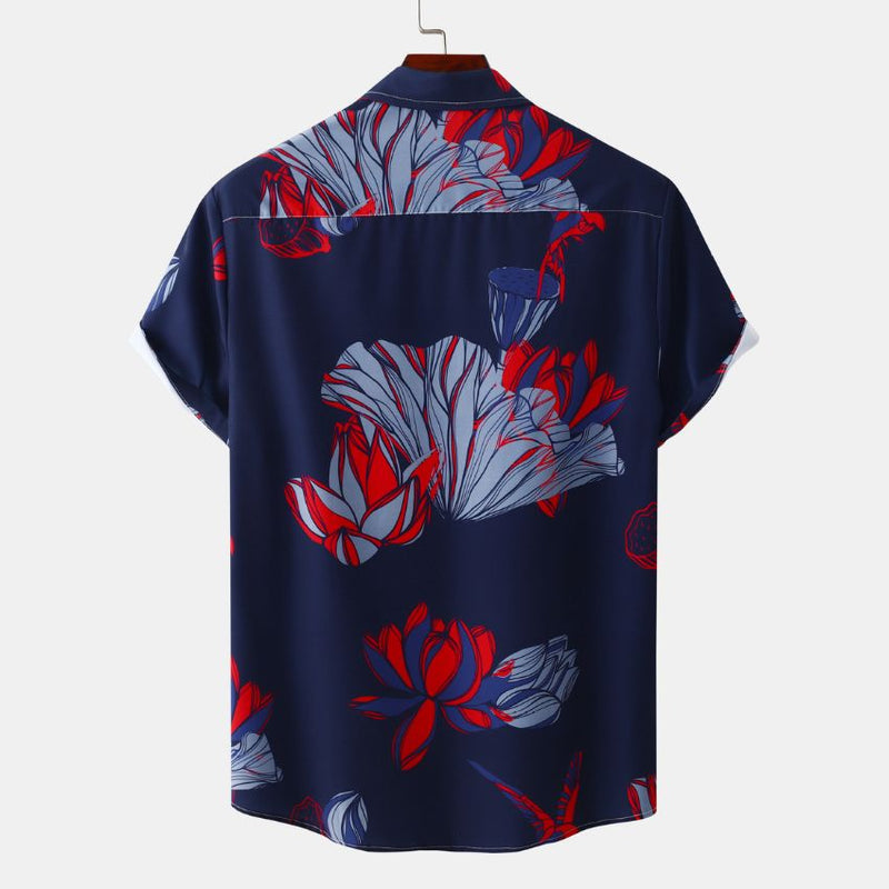 Floral Red Rose Print Short-Sleeve Fashion Shirt C263