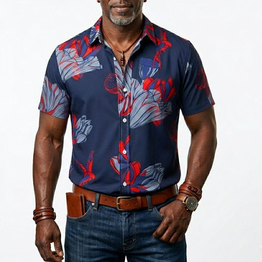 Floral Red Rose Print Short-Sleeve Fashion Shirt C263