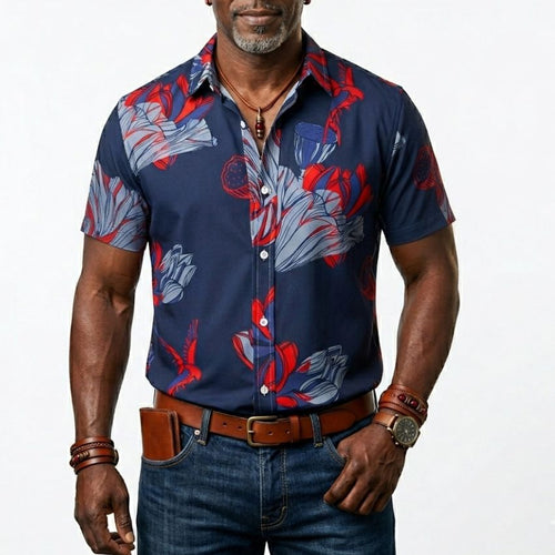 Floral Red Rose Print Short-Sleeve Fashion Shirt C263