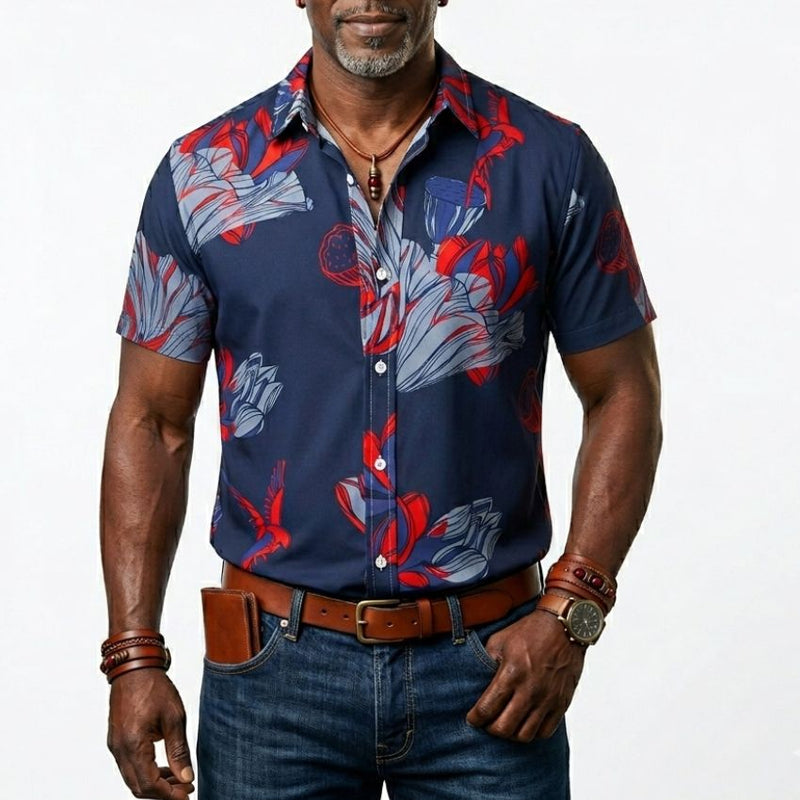 Floral Red Rose Print Short-Sleeve Fashion Shirt C263