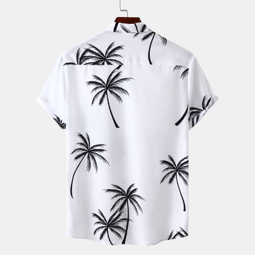 Men’s Summer Tropical Palm Print Short-Sleeve Button-Up Casual Shirt - White C254