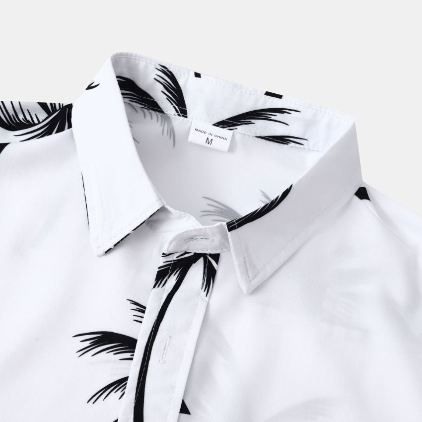 Men’s Summer Tropical Palm Print Short-Sleeve Button-Up Casual Shirt - White C254