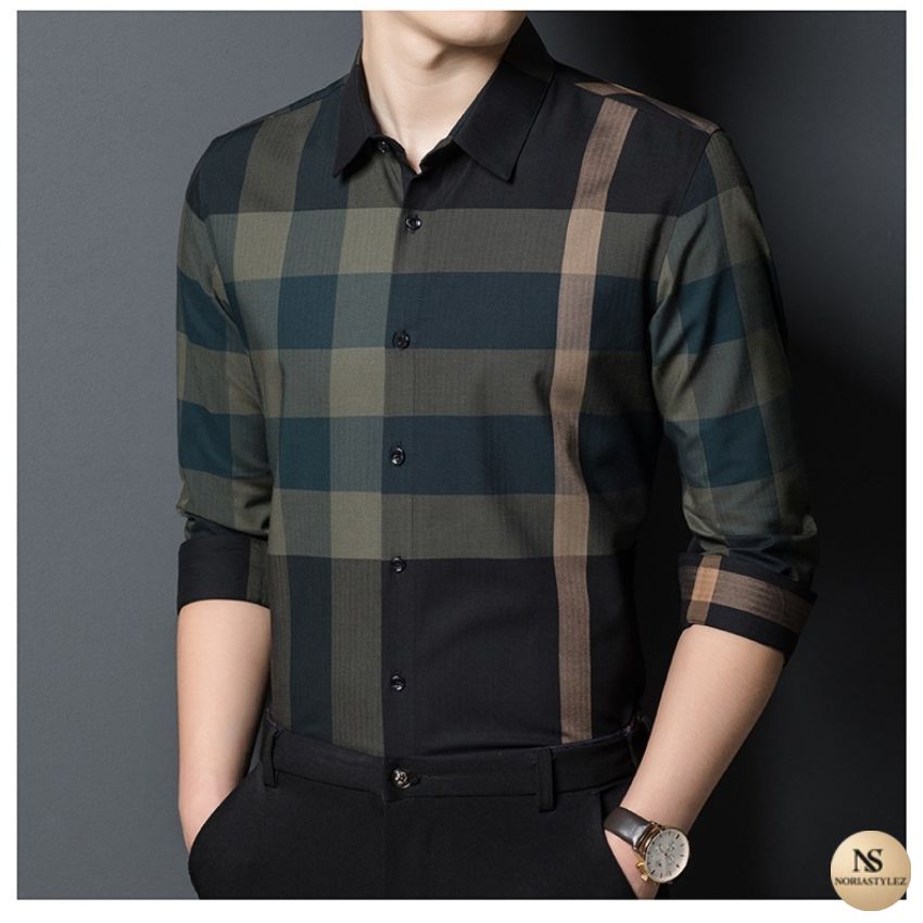 Men’s Blue Grey Plaid Designer Shirt – Premium Long Sleeve