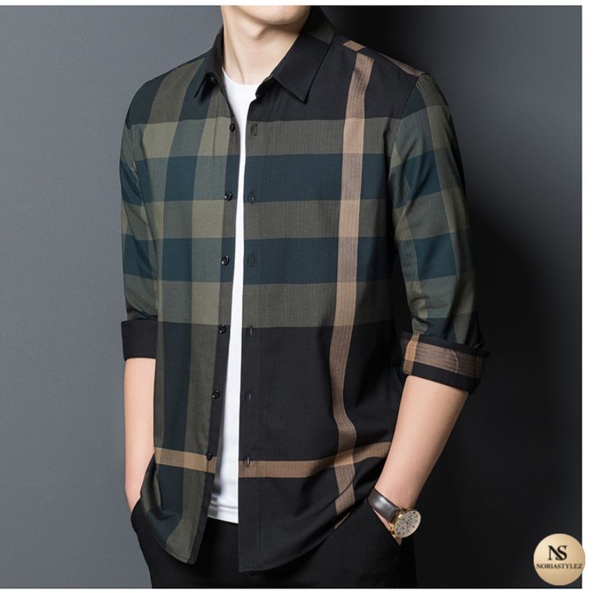 Men’s Blue Grey Plaid Designer Shirt – Premium Long Sleeve