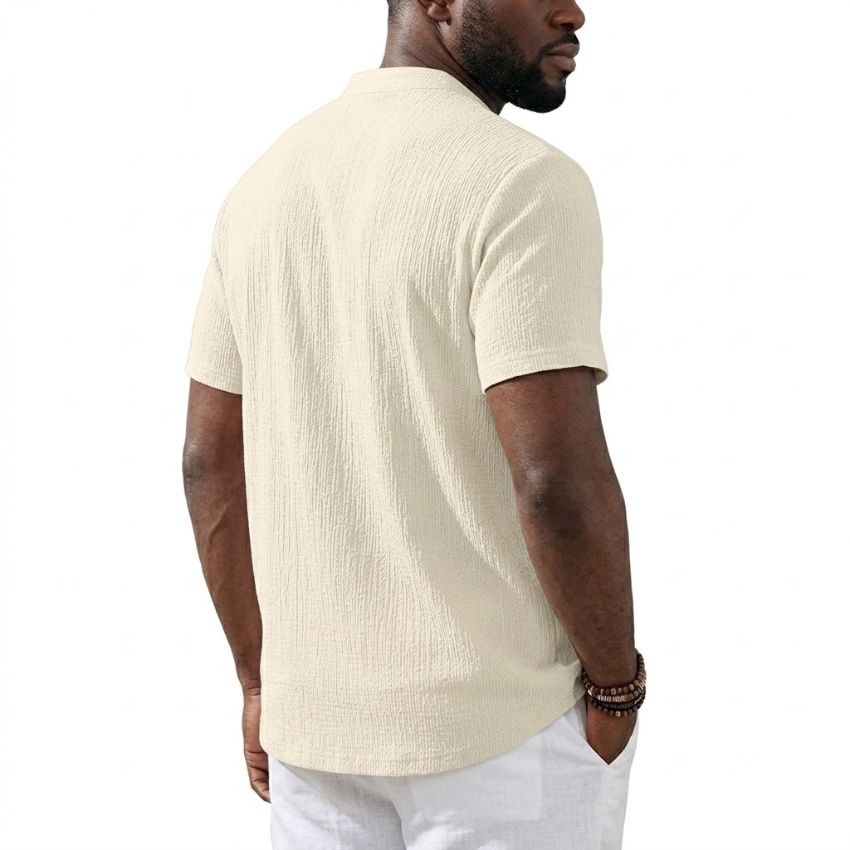 Men’s Cream Textured Mandarin Collar Knit Tee