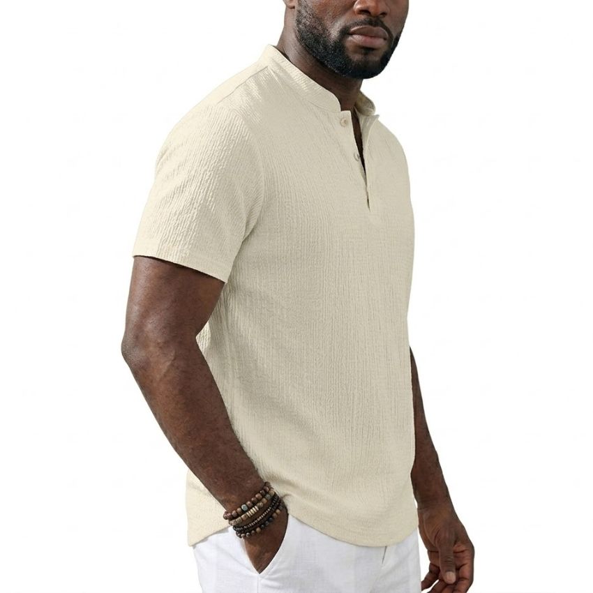 Men’s Cream Textured Mandarin Collar Knit Tee