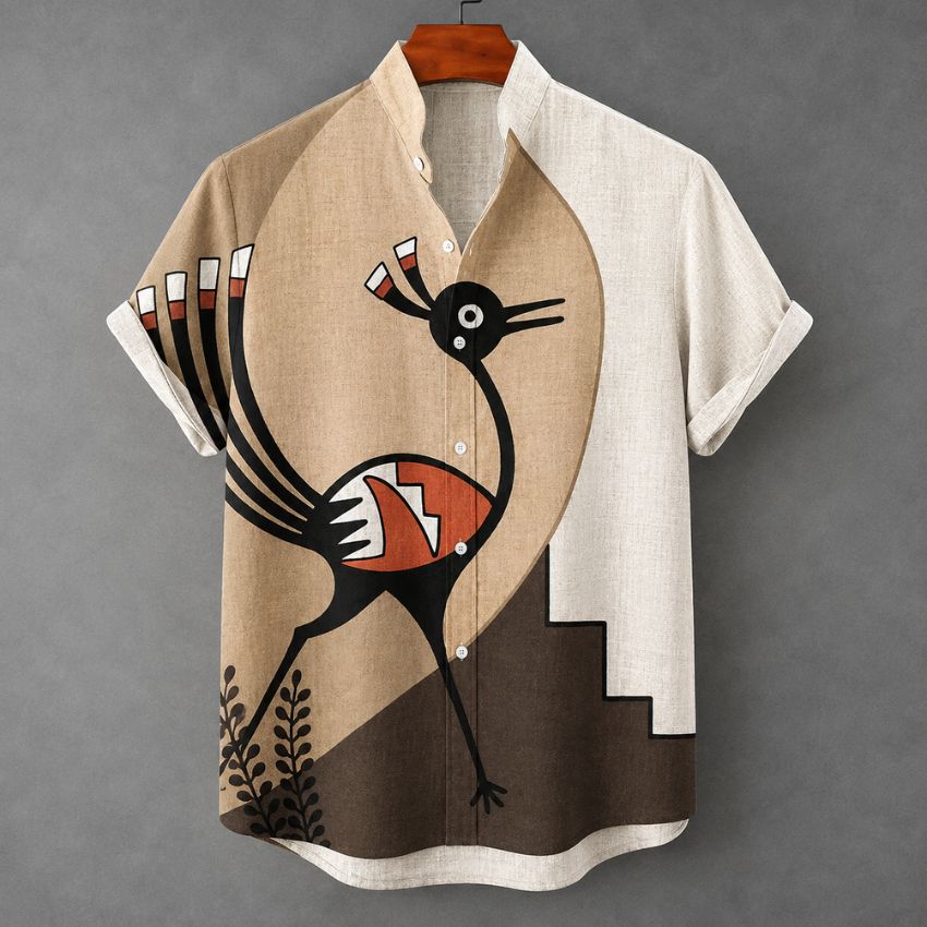 Men's Beige Artistic Bird Print Short Sleeve Shirt