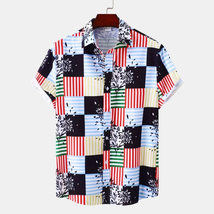 C243 Men's Casual Short Sleeve Lapel Shirt with 3D Small Flower Print - Noriastylez