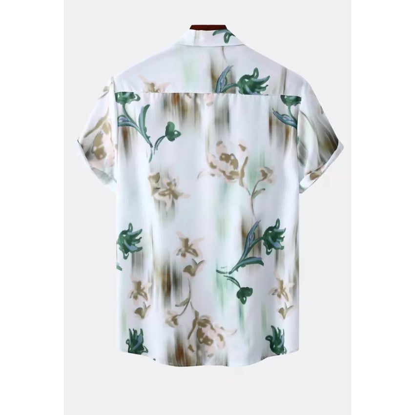 White Floral Hawaiian Print Short-Sleeved Shirt C253 - Noriastylez