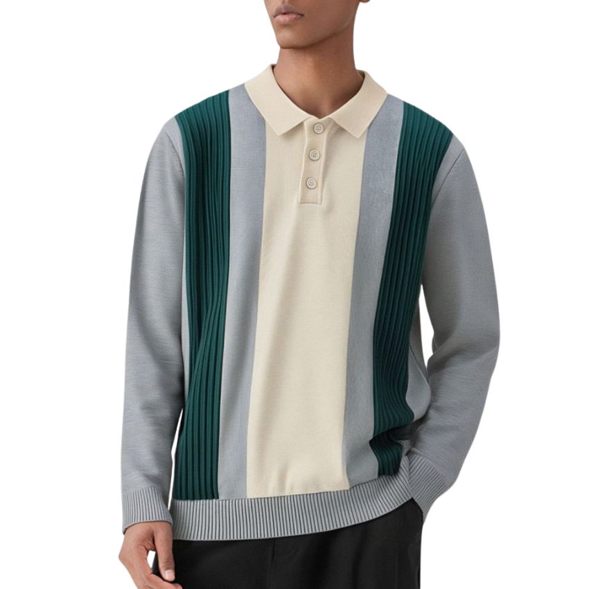 Men’s Retro-Inspired Long Sleeve Knit Polo Shirt with Vertical Color Block Stripes in Beige, Green, and Black