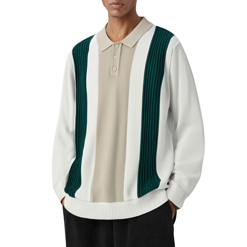 Men’s Retro-Inspired Long Sleeve Knit Polo Shirt with Vertical Color Block Stripes in Beige, Green, and Black