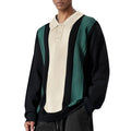 Men’s Retro-Inspired Long Sleeve Knit Polo Shirt with Vertical Color Block Stripes in Beige, Green, and Black