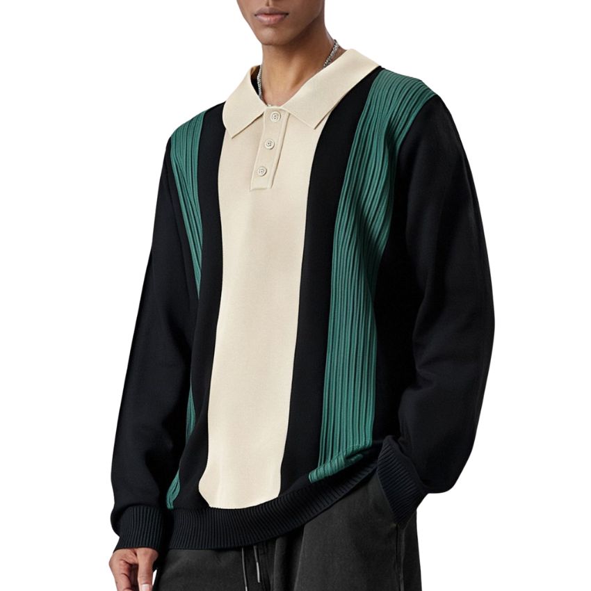 Men’s Retro-Inspired Long Sleeve Knit Polo Shirt with Vertical Color Block Stripes in Beige, Green, and Black