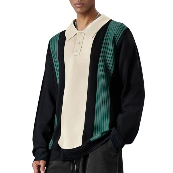 Men’s Retro-Inspired Long Sleeve Knit Polo Shirt with Vertical Color Block Stripes in Beige, Green, and Black