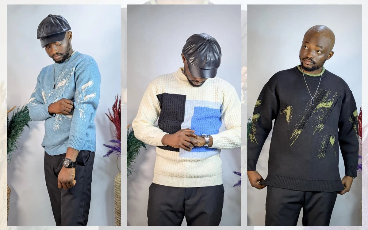 Three men wearing different sweaters with a neutral background