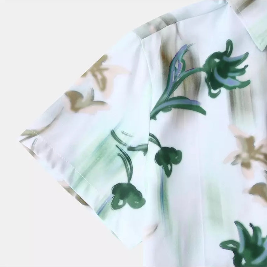 White Floral Hawaiian Print Short-Sleeved Shirt C253 - Noriastylez