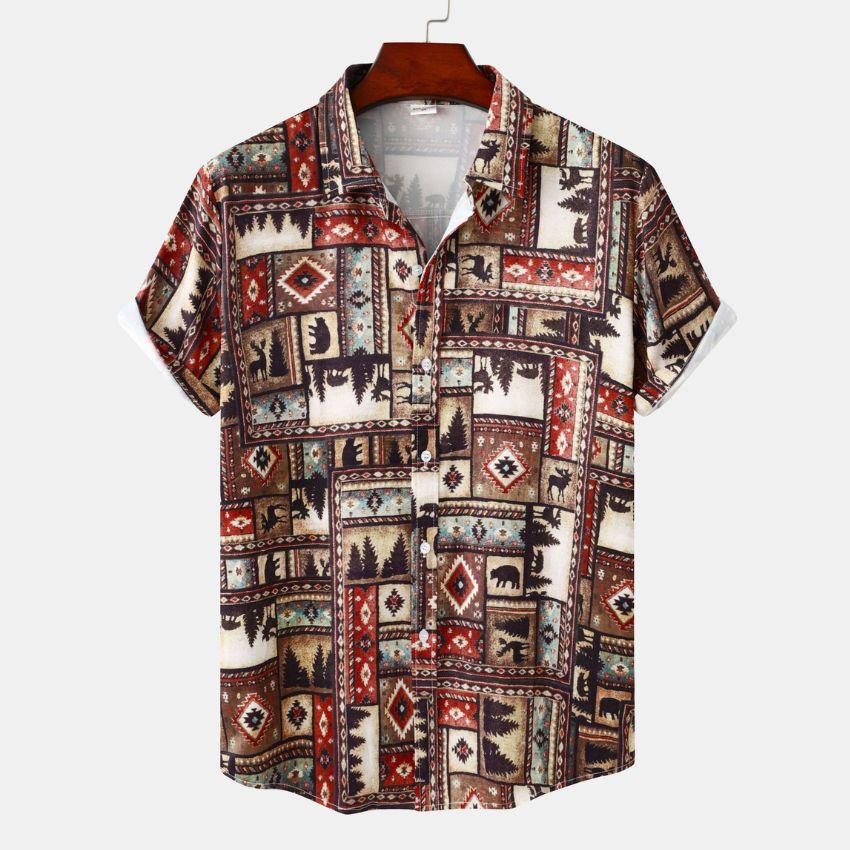 Men's Tribal Print Short Sleeve Button-Up Shirt - Noriastylez