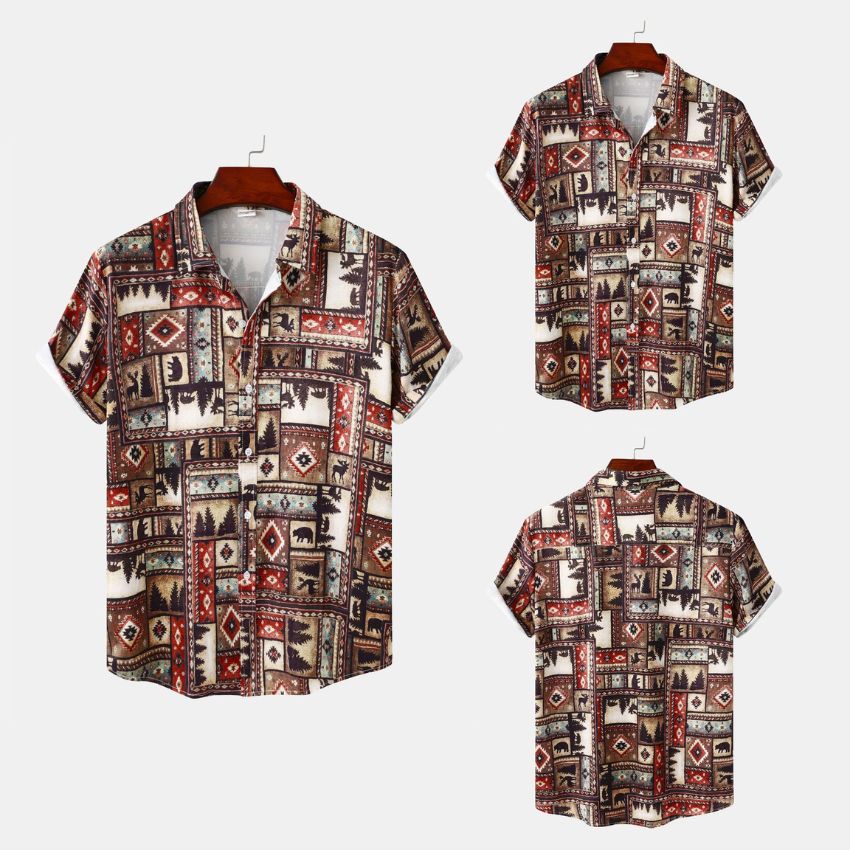 Men's Tribal Print Short Sleeve Button-Up Shirt - Noriastylez