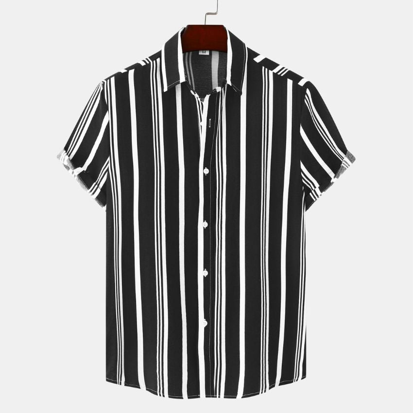 Men's Black & White Vertical Stripe Short Sleeve Shirt - Noriastylez