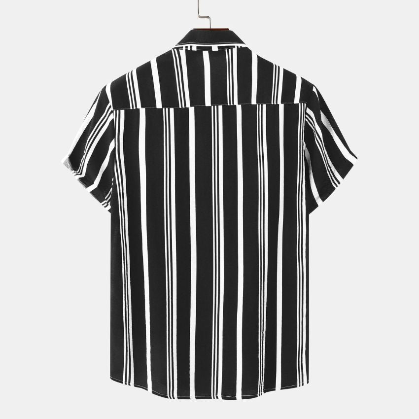 Men's Black & White Vertical Stripe Short Sleeve Shirt - Noriastylez