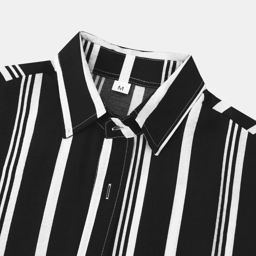 Men's Black & White Vertical Stripe Short Sleeve Shirt - Noriastylez
