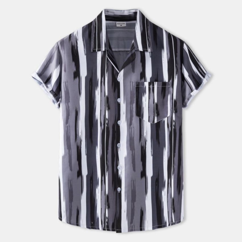Men's Grey & White Mized Vertical Stripe Short Sleeve Shirt - Noriastylez